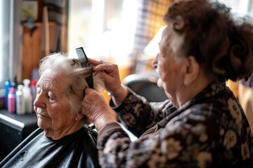 Haircut at Home A mobile hairdresser visiting an elderly person for a haircut, providing convenience and comfort
