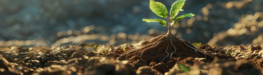 A captivating 3D model of a seed nestled in fertile soil with roots starting to develop, representing the potential for growth  ,3D style