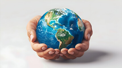 Isometric Earth Icon Held by Two Hands: Shared Responsibility for Protecting the Planet in 3D Flat Design