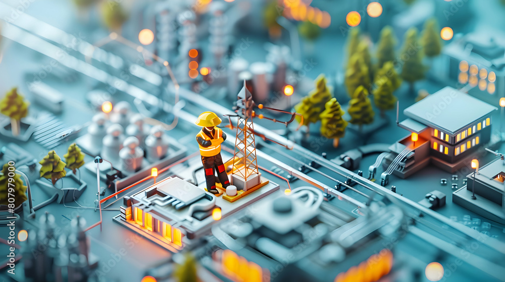 Aufkleber electrical engineer analyzing power distribution network for optimization in isometric 3d flat icon