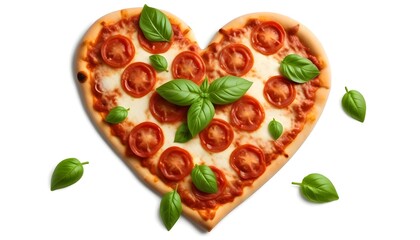 A heart-shaped pizza with tomato sauce, mozzarella cheese, fresh basil leaves, and sliced cherry tomatoes