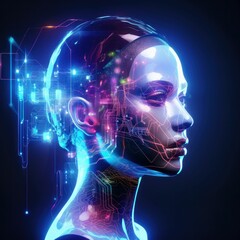 Abstract portrait of a woman with glowing lines on her futuristic face against a digital backdrop