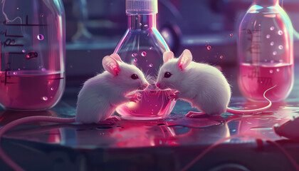 Cute Laboratory Mice in Scientific Setting, This prompt suggests capturing images of adorable laboratory mice in a scientific environment, such as a laboratory cage or an experimental setup