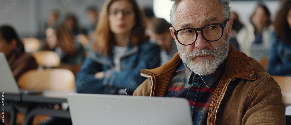 Poster man studying in a classroom, using a laptop to take notes on his lecture notes. group of people atte