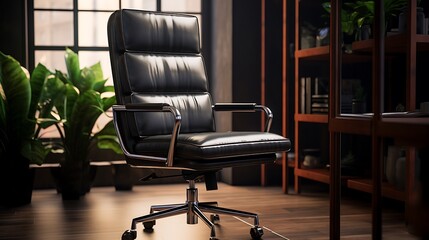 A sleek leather desk chair in a modern office, providing comfort and support for long hours at the computer