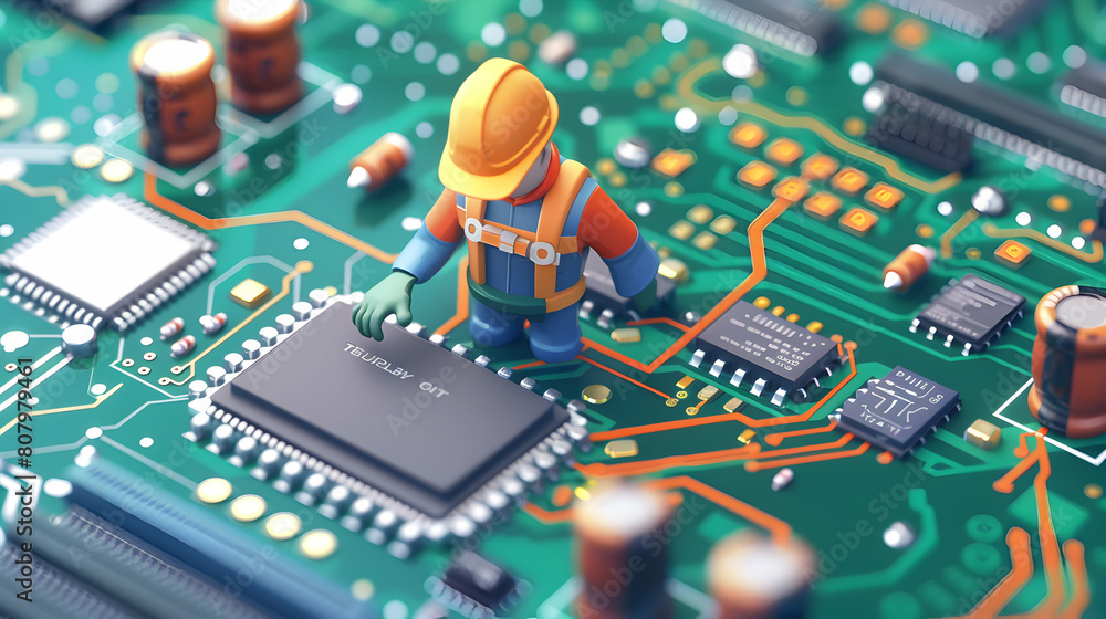 Poster 3d flat icon: electrical engineer inspecting circuit board for design flaws in isometric scene
