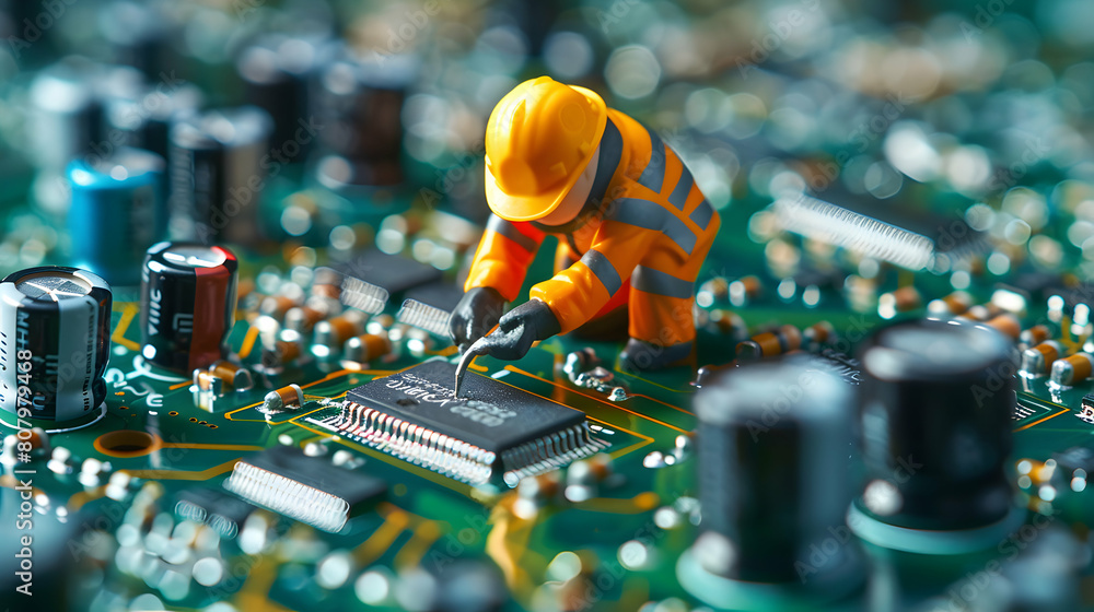 Poster 3d flat icon: electrical engineer inspecting circuit board for optimal functionality and circuit sta