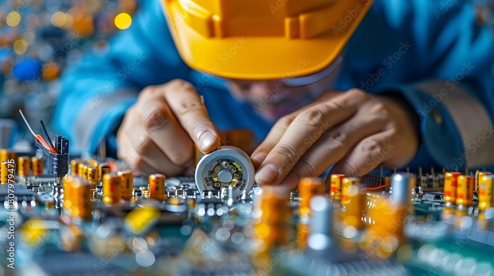 Poster 3d flat icon: electrical engineer inspecting circuit board for design flaws in isometric scene