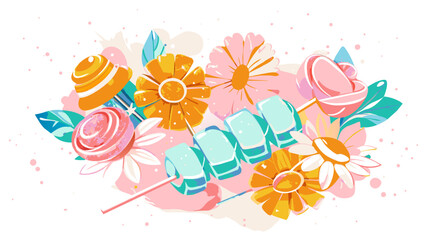 Vibrant Summer Abstract with Colorful Flowers and Sweet Lollipops