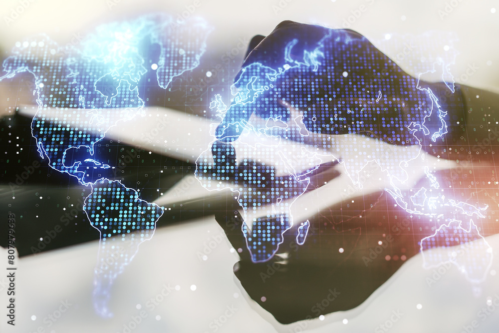 Poster double exposure of abstract digital world map and finger clicks on a digital tablet on background, b
