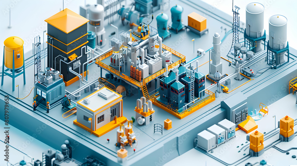 Poster 3d flat icon: electrical engineer reviewing technical schematics of high voltage substation in isome