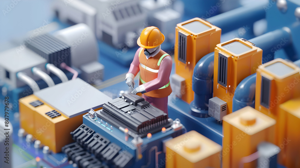 Poster 3d flat icon: electrical engineer testing battery backup systems ensuring power continuity during gr