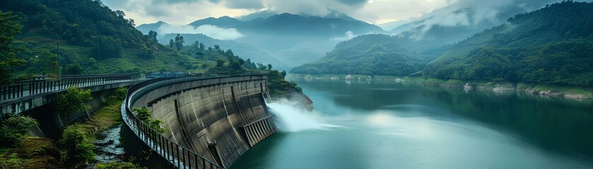 Fototapeta premium Hydroelectric dam, wideangle, amidst verdant landscapes, clean energy generation, ecotech