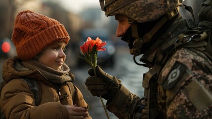 Soldier presenting flower to young boy on city street in front of building as gesture of kindness and compassion