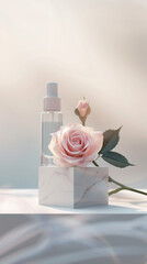 A minimalist cosmetic display podium in sleek white marble, showcasing a luxurious facial serum bottle, complemented by a single, delicate pink rose, set against a soft, 