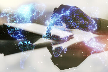 Double exposure of abstract digital world map and finger clicks on a digital tablet on background, big data and blockchain concept