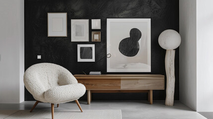 A minimalist living room design with a focus on textures, featuring a matte black wall behind a soft, bouclÃ© fabric chair in off-white. 