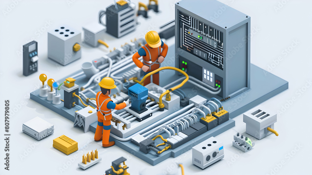 Poster 3d flat icon: electrical engineers install wiring in an isometric scene to ensure safety and energy 
