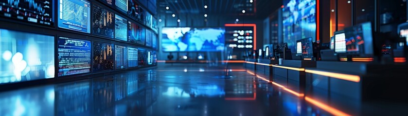 Virtual news studio set background for green screen. 3D rendering.