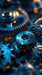 Royal blue gears, macro view, against a backdrop of glowing grids, soft light, digital age