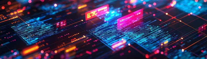 Obraz premium Secure blockchain ledger, wideangle, glowing document icons, vibrant, integrity spotlight