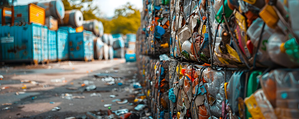 Fototapeta premium Recyclable Plastic Waste Piled High for Environmentally Sustainable Repurposing and Reuse
