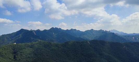 summer view of peak and rock at Sapaesan Mountain, South Korea. hiking. Korean mountain scenery.