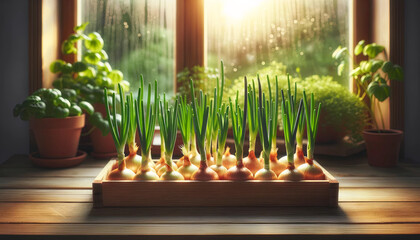 Sprouting Onions in Sunlit Home Garden Setting