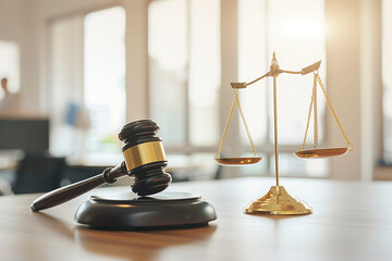 judge gavel, law books and scales of justice on desk in lawyer office