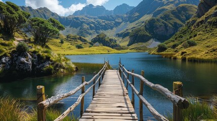 Wooden bridge over lake in the mountains 