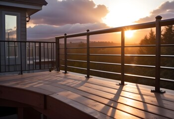 A wooden deck with a metal railing overlooking a sunset. The railing casts long shadows on the deck, creating a warm and peaceful atmosphere.