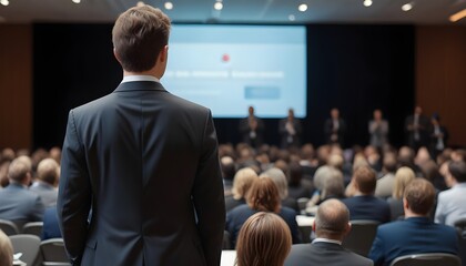 A man in a suit standing in front of a crowd at a conference