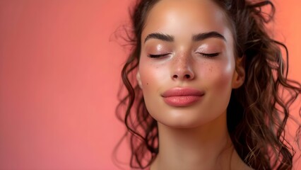 Portrait of a young woman with closed eyes on a pink background - beauty and cosmetics. Concept...