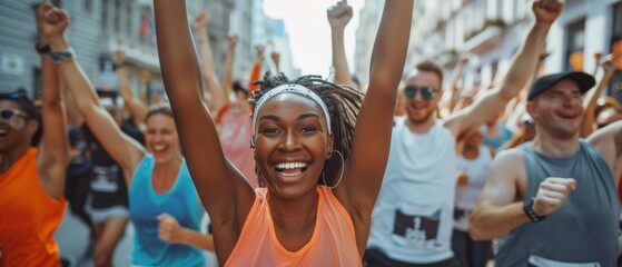 Diverse runners completing a city marathon in a wide shot, celebrating their success and reaching their goals.