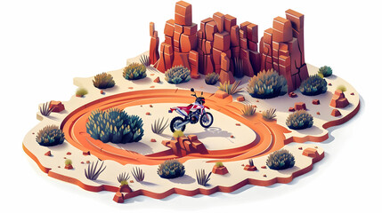 3D Flat Icon: Motorbike Adventure Through the Australian Outback - Stunning Landscapes and Remote Exploration in Isometric Scene