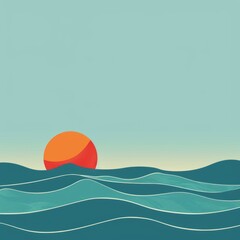 Minimalist Summer Theme with Geometric Sun and Waves Border

