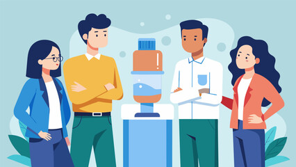 A group of coworkers gather around the water cooler discussing how their colleagues chronic neck pain has significantly improved since beginning.