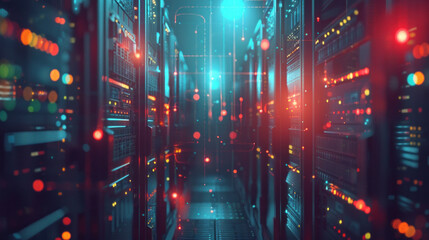 Server rack visualization concept, modern information technology center of internet of things. information flow Digital transformation of Internet traffic Complex electrical equipment warehouse,