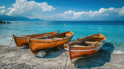 Seaside with wooden boats moored on the beach, the water is blue.