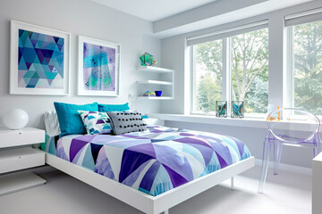 A minimalist teenager's bedroom featuring a monochromatic theme with pops of blue and purple. The room includes a simple, white bed frame with bedding in geometric patterns of blue and purple, 