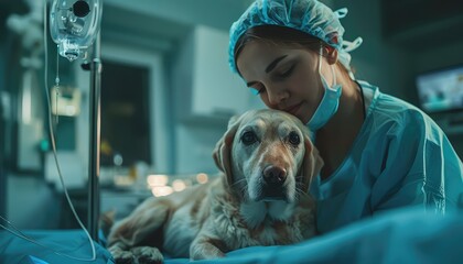 Surgical Procedure in Veterinary Clinic, This prompt portrays a veterinary surgeon performing a surgical procedure on an animal in a sterile operating room