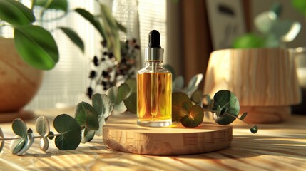 Amber glass dropper bottle on wooden dish with eucalyptus and natural light, banner, copy space