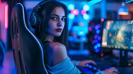 Female Gamer in Neon Lit Room