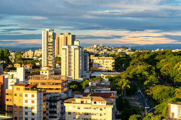 Residential buildings seen from above in the city of Belo Horizonte. Beautiful blue sky with...
