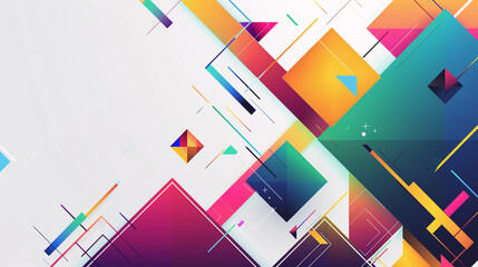Abstract geometric background with colorful triangles and squares. In the style of graphic illustration on a white background, 