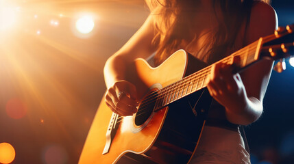 Obraz premium a woman's hand strumming a guitar at a concert, with the stage lights 