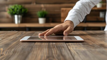 A person touching a tablet on top of wooden table, AI