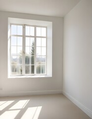 A bright, airy room with a large window letting in natural light, casting shadows on the plain white walls