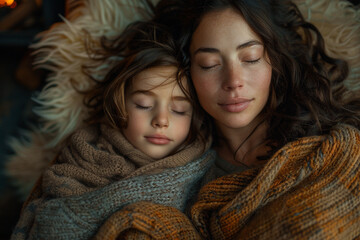 A mother and child cuddled up in a cozy cabin, the crackling fire casting a warm glow over their faces as they share stories late into the night. Top view