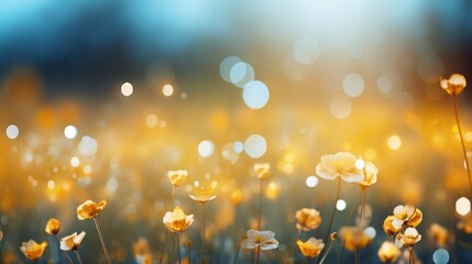 Golden bokeh lights dancing amidst a field of wildflowers under a clear blue sky, 